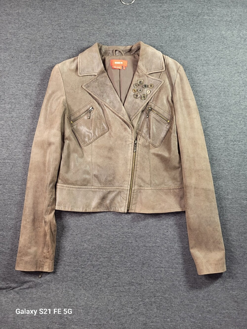 Vintage Y2K Brown Leather Jacket Button Detail On Lapel Size 12 by dorothee bis
